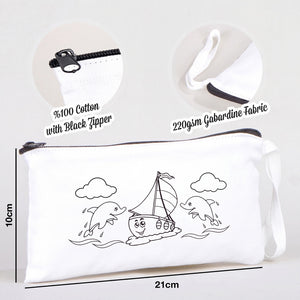 Paintable Pencil Case with Sailboat & Dolphin Design – 8" × 4" - 6 oz - Pamusan.com