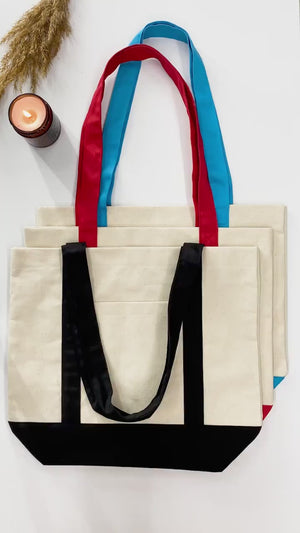 Large Trend Canvas Shopping Bag with Turquoise Handle, 16"W x 14"H x 5"L, Large Tote Bag 12 Oz, Personalized